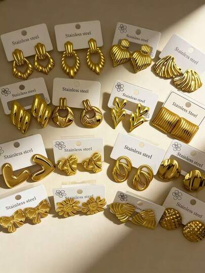 24 Pieces (Random Styles) Of Gold-Plated Stainless Steel Earrings, Stainless Steel Earrings, Elegant Design, Low-Allergy Stainless Steel Earrings Set, The Best Earrings Gift For Female Friends