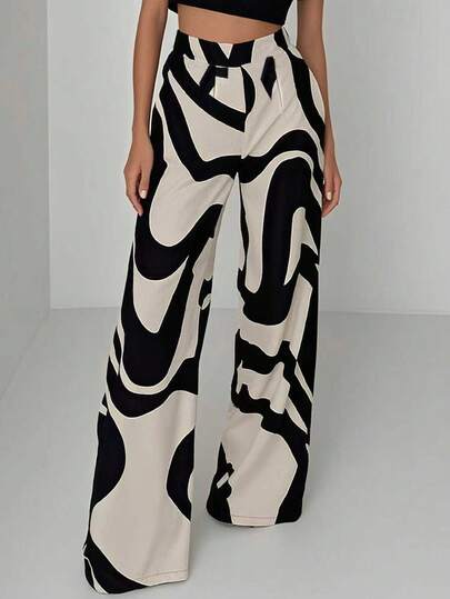 Black & White Geometric Pattern Wide Leg Pants, Suitable For Summer & Autumn