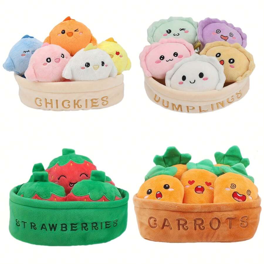 BLUESLEMON Adorable Soft Toy Collection - Features Chicken, Dumpling, Strawberries, And Carrots In A Basket, 6pcs With Detachable Doll, Made Of Polyester, Multicolored - Perfect For Halloween And Christmas Presents
