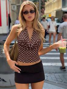 Women's Y2K Polka Dot Halter Crop Top Deep V Backless Slim Fit Parisian Street Style Spring Summer Date Cafe Streetwear - Brown - View 2