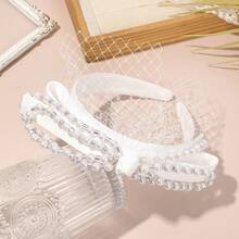 Elegant Imitation Pearl Wedding Headband With Bowknot Tulle Lightweight Plastic Bridal Hair Accessories For Women Daily Party Decoration Gift - 1 件 - 查看 5