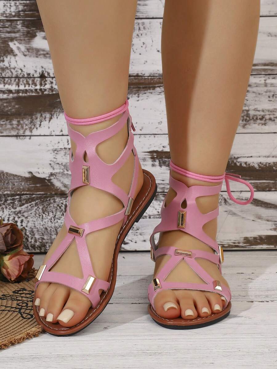 Women's Summer New High-Top Open Toe Lace-Up Design Hollow Out Rivet Inlaid Comfortable Fashion Casual Roman Style Sandals