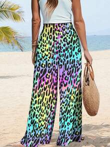 Women Summer Wide-Leg Pants Rainbow Leopard Print Yoga Pants Sleeve Hoodie For Women Fashion Pastel Oversized Pullover Cute Fun Y2K Aesthetic Perfect Casual Wear Music Festivals Summer Outfits Casual Trousers - 彩色 - 查看 3