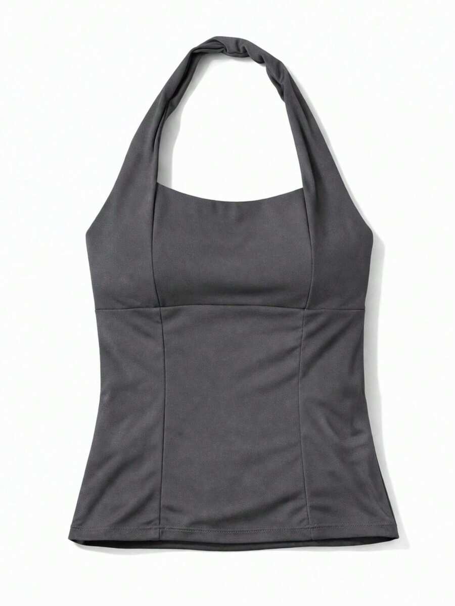 Halter Neck Cropped Top With Open Back, Summer Style, Women's Premium Spandex Fabric With Double Lining - 灰色 - 查看 1