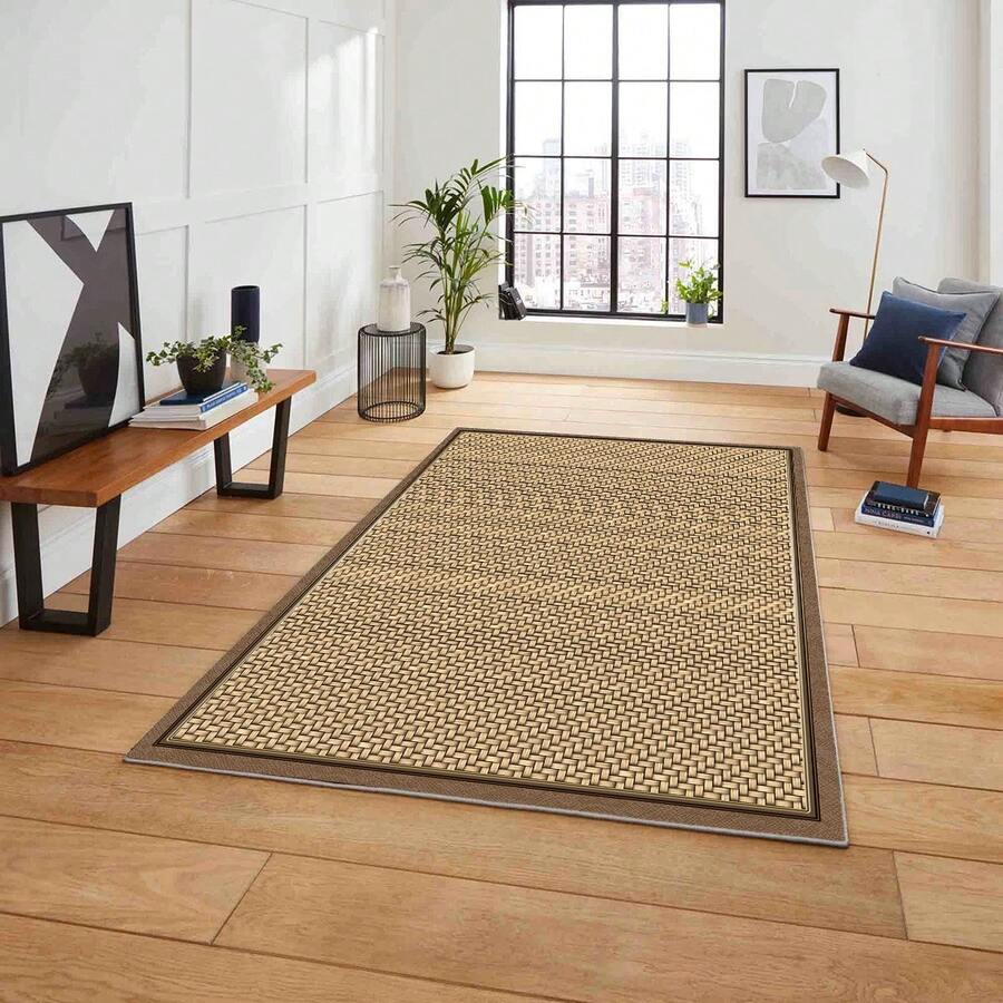 Digital Printed Non-Slip Washable Runner & Area Rug With Frame Pattern | Modern, Scandinavian, Boho & Classic Styles | 100% Polyester | MADE IN TURKEY - Brown - View 1