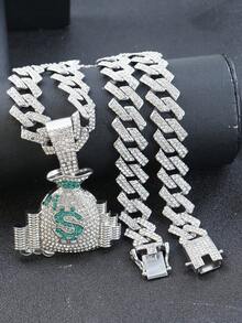 一套镶钻钱袋吊坠，15毫米菱形链项链，手链，绿色表盘手表，嘻哈风格男士配饰套装 - 綠色 - 查看 6