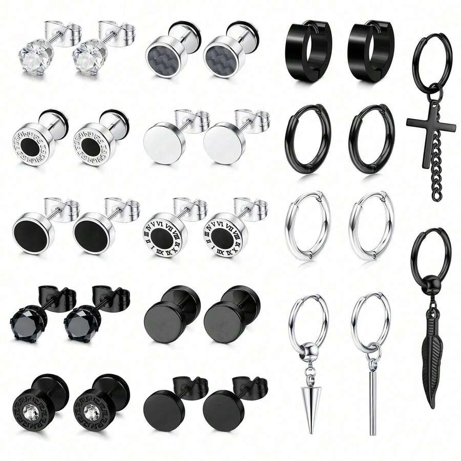 Diamday 30件套哥特风男士耳环，不锈钢材质，镶嵌立方氧化锆，圆形耳钉，垂坠耳环，杠铃耳钉，万圣节主题 - 彩色 - 查看 1