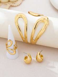 4pcs/Set Fashionable Metal Geometric Hollow Water Drop Shaped Ring, Bracelet, Earring Jewelry Set For Women - Geometric Teardrop Jewelry Set - View 5