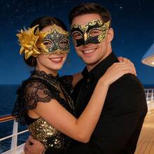 Masquerade Ball Mask, Venetian Party Mask, Christmas/Halloween Couples Costume Party Mask Set, Carnival Role Play Party Gold Mask Set - Yellow Combination - View 3