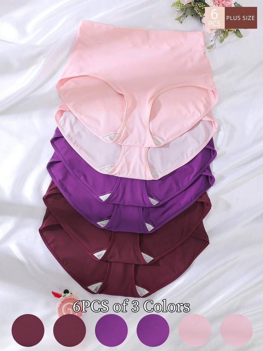 6pcs/Pack Women's Melaed Color Plus Size Comfortable Breathable Fabric High Waist Panties - Multicolor - View 1