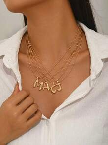 1pc Or 4pcs Fashion Elegant Gold Beaded Chain Necklace, 3D Letter Pendant Necklace, Women's Luxury Delicate Jewelry Necklace, Minimalist Layered Necklace Suitable For Any Outfit, Daily Wear, Graduation, Friendship, Holiday Gift, Beach, Party, Banquet - Gold - View 2