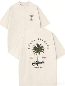 Men's Washed Print Graphic Tees-"Santa Barbara California" Palm Tree Groove Clothing 100% Pure Cotton Double-Sided Printed T-Shirt, Suitable For Men And Women, The Best Gift For Summer Casual Short Sleeved T-Shirt-Streetwear Y2K 100 Percent Cotton Tops, Gifts For Boyfriend And Husband - 杏色 - 查看 3