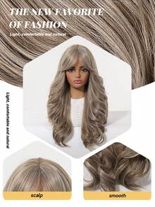 Tóc giả màu nâu lanh, kiểu tóc xoăn gợn sóng thanh lịch dành cho nữ, dài 22 inch, 100% sợi Tang dài, độ dài trung bình có mái, mô phỏng da đầu, mật độ 150%, lưới hoa hồng mềm mại, chịu nhiệt, nhiều kiểu tạo kiểu. - Lanh nâu - Xem 3