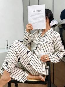 Dreamivo 女士睡衣套装（两件套），腊肠犬印花长袖翻领衬衫带口袋，搭配长裤，四季皆宜的女士家居睡衣 - 杏色 - 查看 6