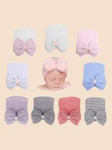 1 Mũ len mềm mại cho bé sơ sinh 0-3 tháng tuổi, có nơ sọc tháo rời, dễ thương, ấm áp, thích hợp mặc hàng ngày. - 1PC - Xem 2