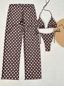 2026 Women's 3-Piece Polka Dot Printed Bikini Set, Halter Neck Design, Side Tie, Mesh Cover-Up Pants, Cute Casual Backless Swimsuit For Valentine's Day, Spring/Summer Beach Vacation - 棕色 - 查看 4