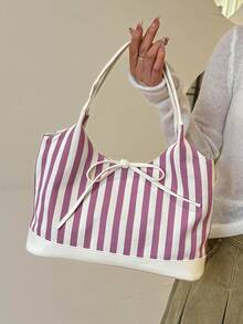 Túi xách nữ kiểu dáng mới, họa tiết sọc, túi đeo vai dung tích lớn, nhẹ, kiểu dáng thường ngày. - Màu tím - Xem 1