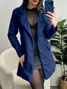 Women's Overcoat With Belt, Thick Boiled Wool - Navy Blue - View 2