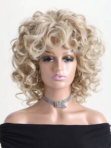 12Inch Women's Fashionable Natural Fluffy Afro Curly Synthetic Fiber Heat-Resistant Short Gold Wig, Suitable For Daily Wear, Halloween Party Costumes And Parties - 金色 - 查看 2