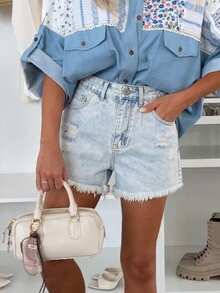 Women's Washed Ripped Denim Shorts Summer Women's Non-Elastic Shorts - Blue - View 3