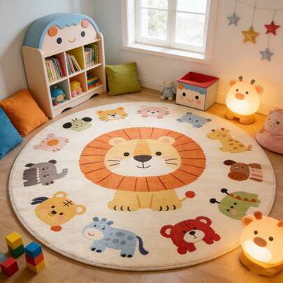 Thảm trang trí họa tiết sư tử và động vật nhỏ, màu kem Pháp, kiểu dáng thanh lịch, thích hợp cho phòng khách, phòng ngủ, phòng học, tạo không gian ấm cúng cho ngôi nhà, mềm mại và chống bám bẩn.