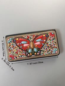 Portefeuille long pour femme, artisanat de perles scintillantes pouvant être utilisé comme pochette de soirée, grande capacité pour ranger le téléphone, l'argent, les clés et autres petits articles, de multiples fentes pour cartes pour organiser différentes cartes, matériau PU de haute qualité avec un toucher doux, portefeuille long avec un motif exquis de papillon et de paon orné de perles, offrant un look premium - Multicolore - Voir 10