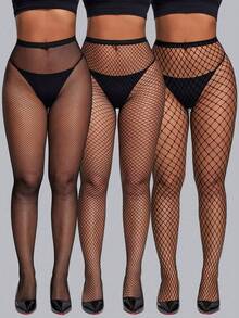 3 Pairs Women's Stretchy Fishnet Stockings, Sexy Mesh Pantyhose For Daily Wear, Spring/Summer - Black - View 1