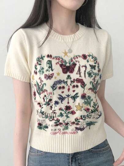 Áo len lông cừu Merino thêu hoa cổ điển dành cho nữ mùa hè