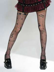 1 đôi tất nữ mùa xuân hè in hình nốt nhạc và bàn phím piano, tất nylon co giãn họa tiết ngôi sao và chấm bi, phong cách Gothic Punk Y2K, thích hợp mặc hàng ngày và dự lễ hội âm nhạc. - Nhiều màu - Xem 7