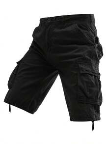 Plus-Size Men's Solid-Color Pure Cotton Fashionable Casual Campus College Style American High Street Outdoor Mountain Tactical Style Workwear Shorts - 黑色 - 查看 1