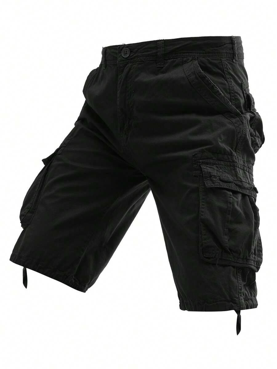 Plus-Size Men's Solid-Color Pure Cotton Fashionable Casual Campus College Style American High Street Outdoor Mountain Tactical Style Workwear Shorts - 黑色 - 查看 1