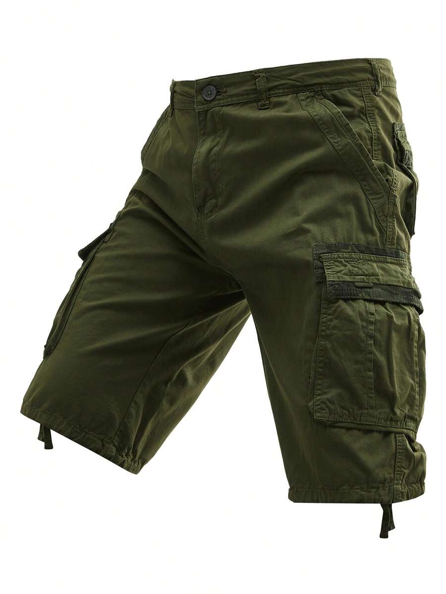 Plus-Size Men's Solid-Color Pure Cotton Fashionable Casual Campus College Style American High Street Outdoor Mountain Tactical Style Workwear Shorts - xanh quân đội - Xem 1