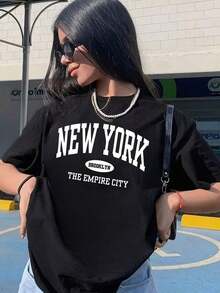 Graphic TeesLadies' NEW YORK BROOKLYN THE EMPIRE CITY Printed T-Shirt |     Breathable, Lightweight, Comfortable, Casual Round-Neck Tee, Ideal For Spring/Summer, Fashionable And Stylish Unisex Graphic T Shirts Unisex Casual TeeCottnocotton Top,Tops Women Summer,Everyday Outfits Women,Cute T Shirts - 黑色 2 - 查看 1