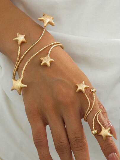 Elegante y de moda conjunto de joyería de pulsera y anillo con estrella dorada, regalo personalizado para fiestas y días festivos