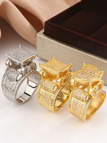 Nhẫn hình trái tim đính đá Zirconia siêu nhỏ dành cho nữ, thiết kế cổ điển retro đính kim cương toàn bộ. - Vàng - Xem 3
