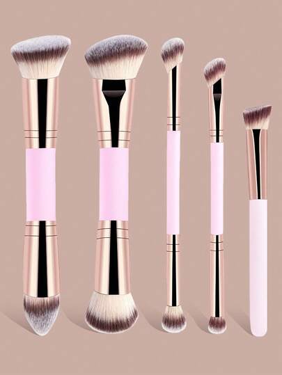 5支装双头多功能化妆刷套装，包含面部刷、散粉刷、腮红刷、遮瑕刷、轮廓刷、鼻影刷、眼影刷、细节刷、粉底刷和高光刷。采用优质合成刷毛，经久耐用，适合日常面部彩妆，可用于液体、膏状和粉状产品。可用于点彩、晕染和洁面。美容化妆配件，是送给女性和女孩的绝佳礼物。