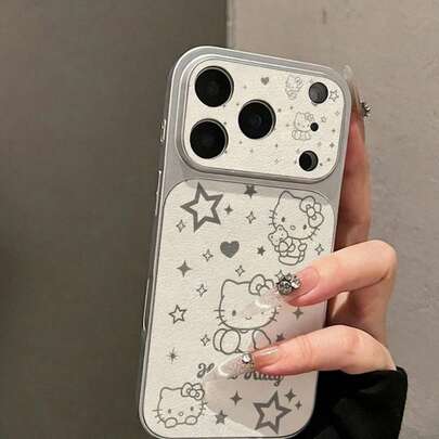 SANRIO Nuevo estuche de teléfono de línea delgada con textura de cuero y diseño de Kitty estrellada compatible con iPhone 17 Pro Max/16 Pro Max/Plus/15 Pro Max/14 Pro Max/13 Pro Max/12 Pro Max/11 Pro, funda protectora de teléfono minimalista de moda con diseño de dibujos animados lindo de niña