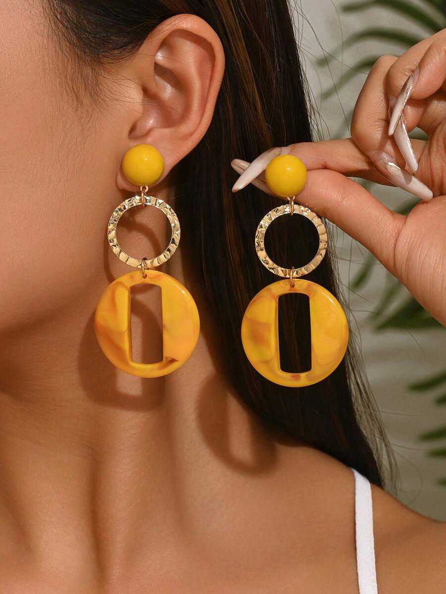 1 Pair Elegant Sexy Exaggerated Bohemian Style Green, Yellow Circular Floral Resin & Resin Stud Earrings, Burgundy Brown Teardrop Floral Resin & Metal Earrings, Multiple Styles For Women, Suitable For Vacation, Party, All Seasons. Note That Each Resin Floral Pattern And Color May Vary Slightly Due To Manual Coloring. - Multicolor - View 1