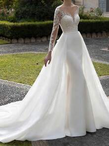 Elegant Sexy Long Sleeves Lace Appliqué Mermaid Satin Formal Wedding Dress,Registry Office Dresses Bridal Gown,Evening Party Dress Birthday Party Dress Country Wedding,Romantic Church Ceremony Wedding Dress,Suitable For Wedding,Dating,Party,Singles' Party,Vacation,Formal Occasions,Dinner Dress,Prom Dress,Homecoming Dess,Cocktail Party,Wedding Guest Dress,Graduation - 白色 - 查看 6