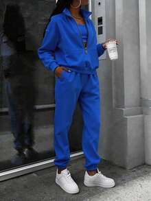 Women's Oversized Half Zip Two-Piece Tracksuit, High Neck Stand Collar Loose Fit Fleece Sweatshirt & Wide Leg Pants Set, Cozy Comfortable Casual Loungewear, Stylish Sports Streetwear Fashion Outfit, Spring Black Essential Versatile Daily Wear, Perfect For Casual Errands, Lounging & Everyday Outdoor Activities  (Local Warehouse Discounts.) | Two Piece Set Women | 2 Piece Sets Woman | Workout Sets Women | Women Two Piece Sets | Sets 2 Piece Women | Conjunto De Dos Piezas Mujer - Màu xanh dương (Phiên bản nâng cấp) - Xem 5