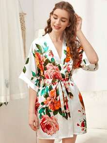 Hand-Painted Peony Pattern Short Silk Robe For Women - White - View 3