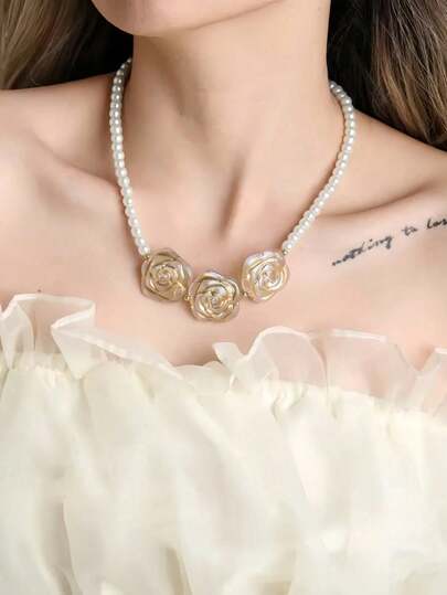1pc Elegant Pearl Necklace | Vintage Baroque Flower Pendant | French Style Jewelry Gift For Women