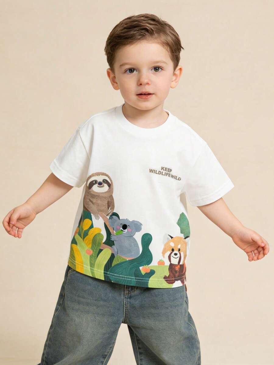 Balabala Boys' Animal Print Cotton Short Sleeve T-Shirt, Summer - White - View 1