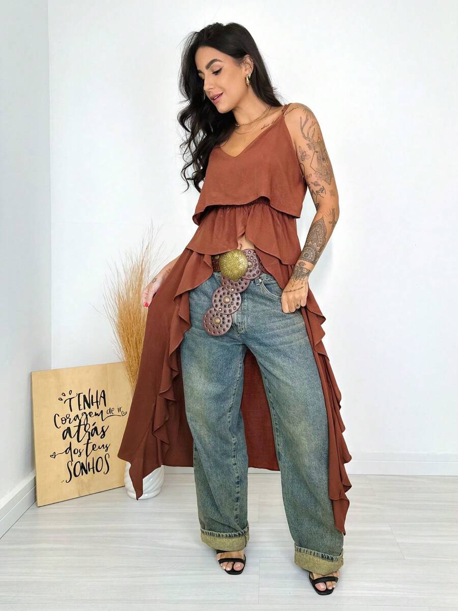 Longline Tunic With Thin Straps, Boho Chic Style. - Camel - View 1