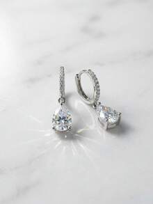 Luxury Double-Circle Teardrop Zirconia Silver Earrings, Shiny & Elegant, Versatile Daily & Party Wear For Women - Silver - View 5