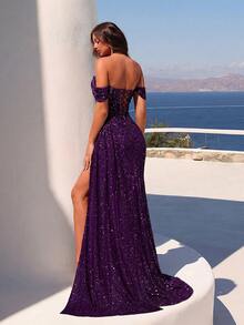 ADYCE Women's Shiny Off Shoulder Ruched Waist Long Satin Tie-Up Front Slit Open Back Party Dress, Sequin Formal Gown For Christmas Party Wedding Spring - Purple - View 2