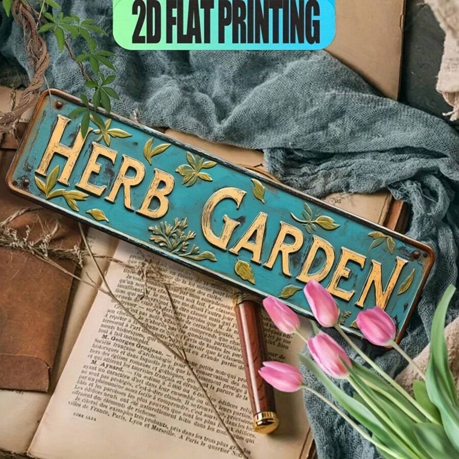 2D Flat - This Vintage-Style 2D Flat Printed Decorative Plaque And Sign, Labeled "HERB GARDEN", Is A Multi-Functional Signage That Can Be Used As A Unique Decorative Art Piece - Multicolor - View 1