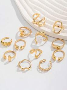 12pcs Set Minimalist Retro Fashion Asymmetrical Liquid Lava Heart Criss-Cross Rings, Exaggerated Faux Pearl Finger Rings, Suitable For Parties, Vacations, Gifts, Daily Wear - Gold - View 3