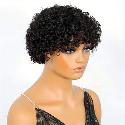 Tóc giả kiểu Pixie cho nữ, dài 6 inch, xoăn tít, tóc giả ngắn kiểu Afro cho nữ - Kiểu tóc xoăn tít Afro cho Giáng sinh và các lễ hội âm nhạc, tiệc tùng. Tóc giả Pixie ngắn xoăn tít bằng tóc thật, dễ đội, hoàn hảo cho sử dụng hàng ngày, tóc giả thay thế chất lượng cao, giá cả phải chăng, tóc giả dùng hàng ngày, thân thiện với người mới bắt đầu, màu đen tự nhiên/#BUG/#99J. Tóc giả Pixie ngắn xoăn cho nữ, tóc giả Pixie kiểu Afro màu đen, tóc giả Pixie được làm hoàn toàn bằng máy với lưới hoa hồng.