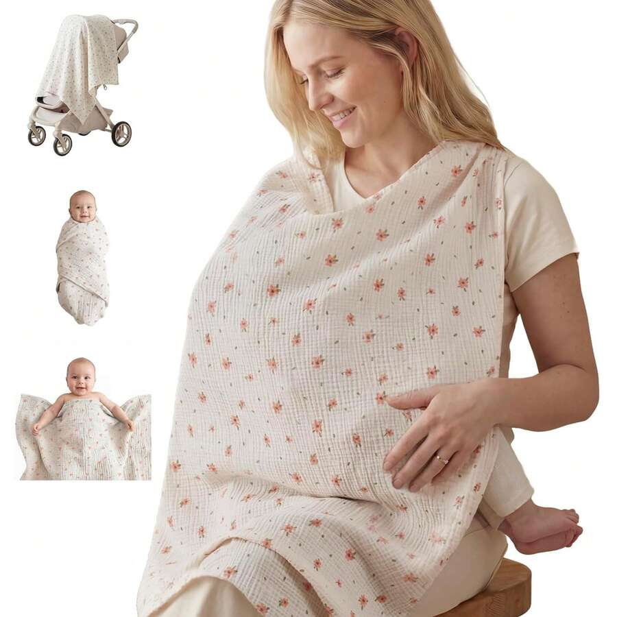 紗布多用途布 - 4合1隱私哺乳巾、包巾毯、汽車座椅罩、拍嗝巾，女性便攜哺乳必需品
